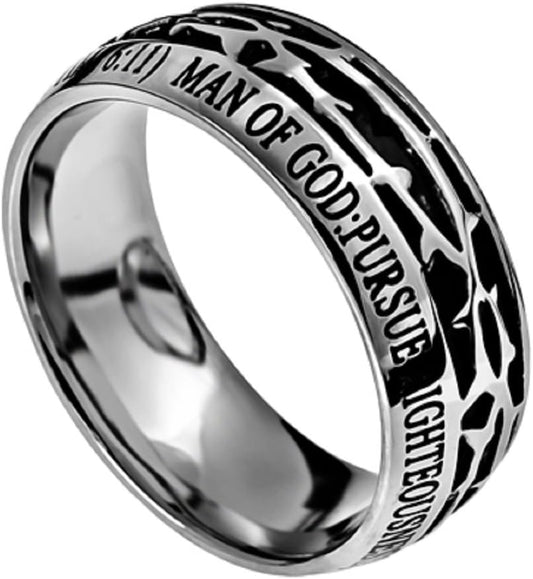 Man of GOD Christian Mens Stainless Steel 10Mm Abstinence Crown of Thorns 1 Timothy 6:11 Comfort Fit Chasity Ring - Guys Purity Ring