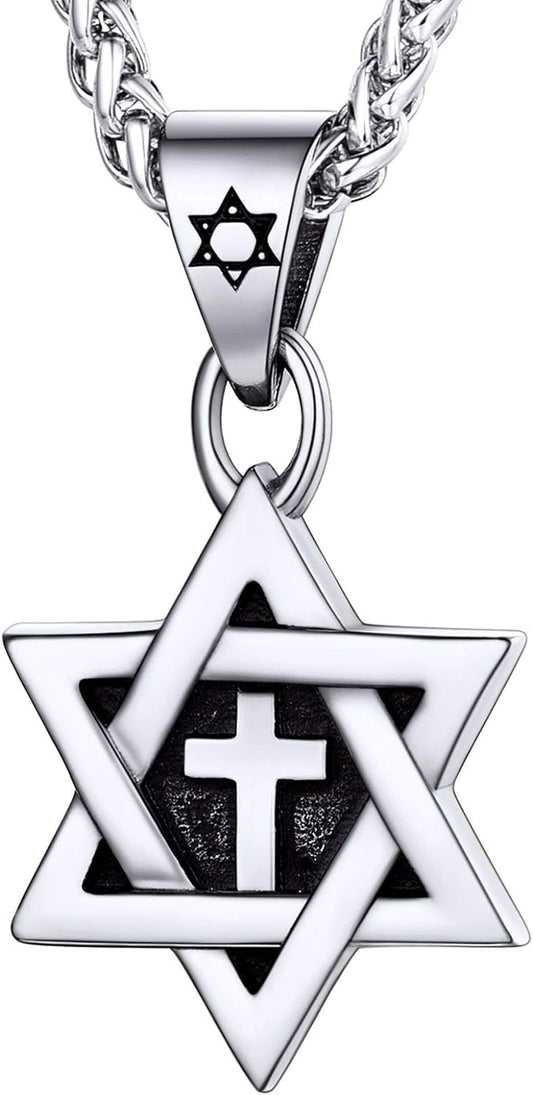 Star of David Necklace for Men Women Gold/Stainless Steel Hexagon Pendant with Cross/Ruby Stone/Classic Jewish Isael Necklaces, Length 22" 24" 26"