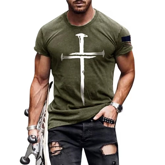 Mens Tshirt Short Sleeve Graphic Jesus Cross Casual Crewneck American Flag Patriotic Tops